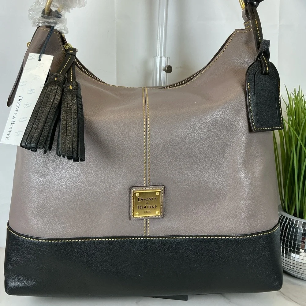 Dooney & Bourke Sophie Hobo Mushroom Taupe Black Leather Bag Tassels NWT‎